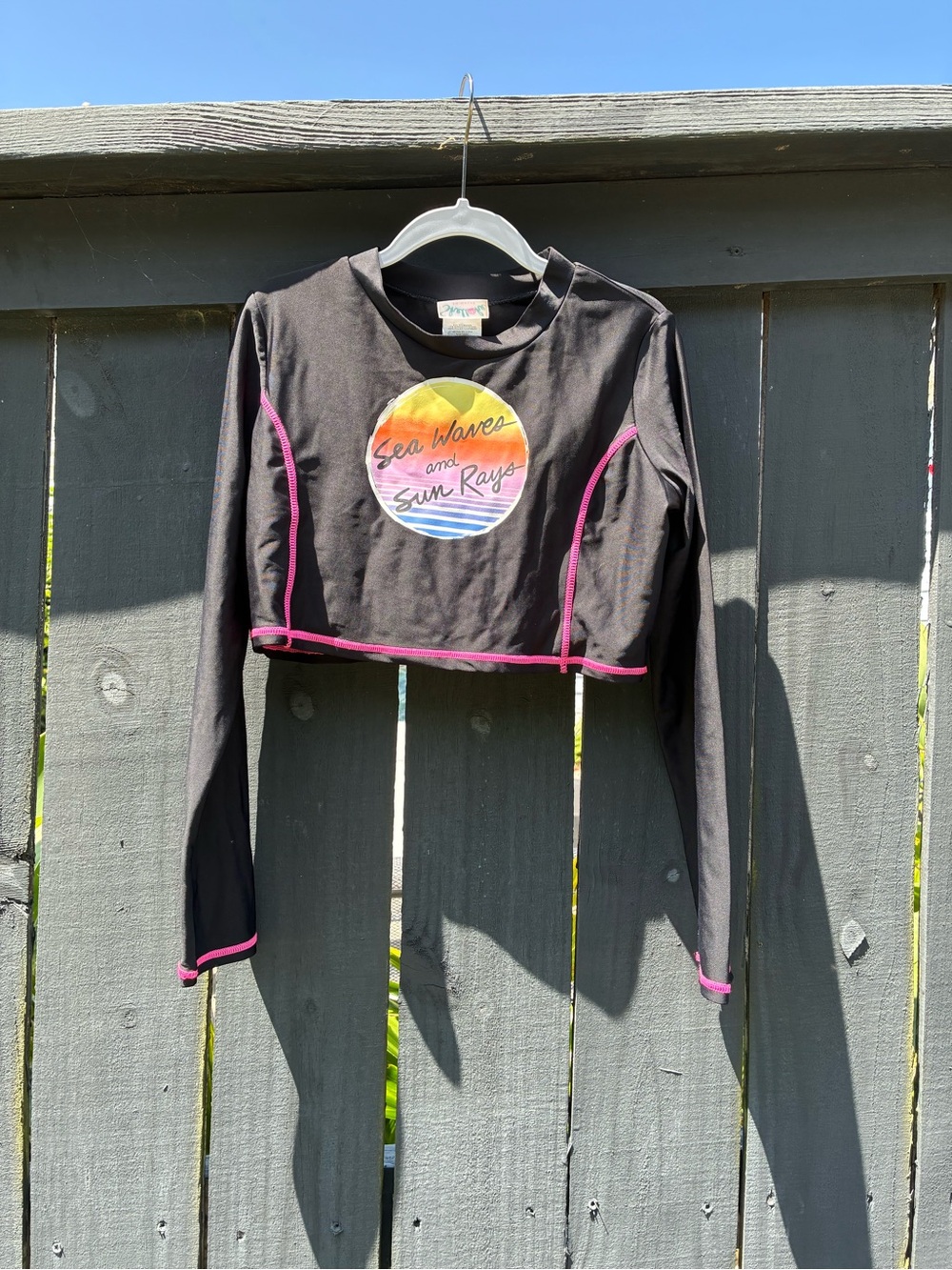 Kids Black Long-Sleeve Rashguard Crop Top with Pink Trim